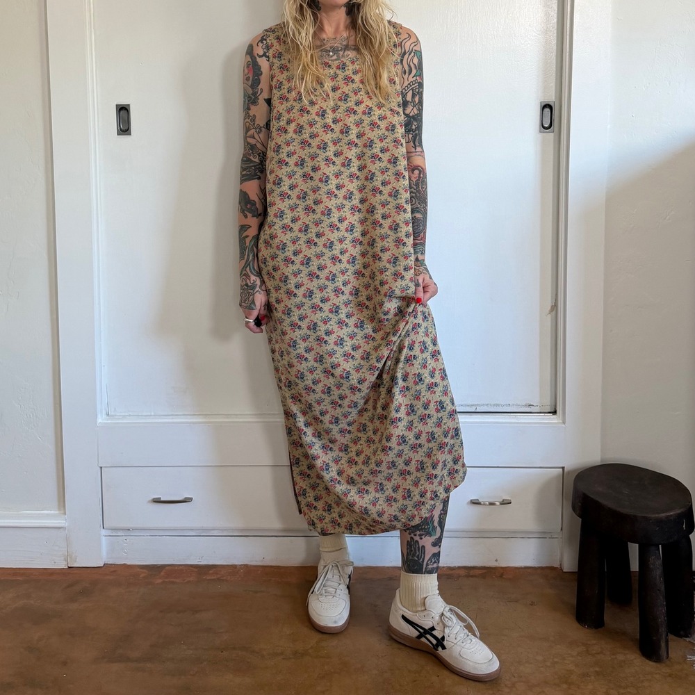 Vintage Erika London Floral Maxi Dress Tan Cotton Blend Large Sleeveless - Picture 4 of 5